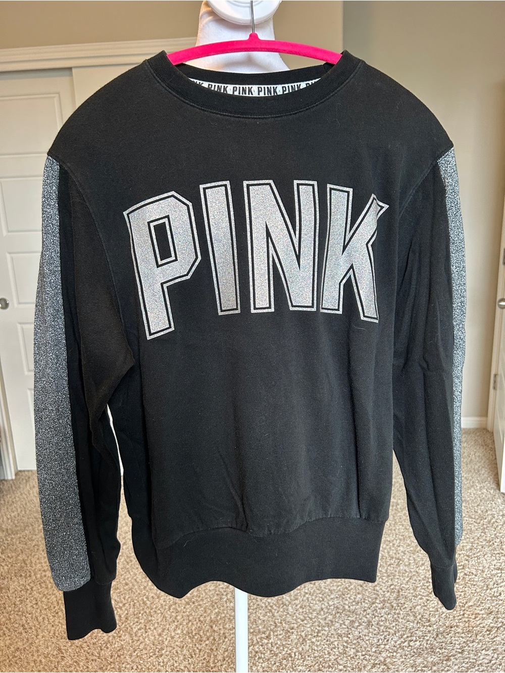 VS Pink Bling Glitter Logo Campus Crew Black Sweatshirt Size XS